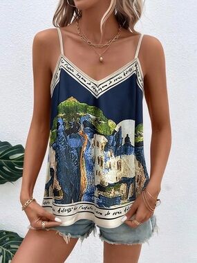 ShopEvelynne Navy Blue Scenic Print Spaghetti Strap Cami